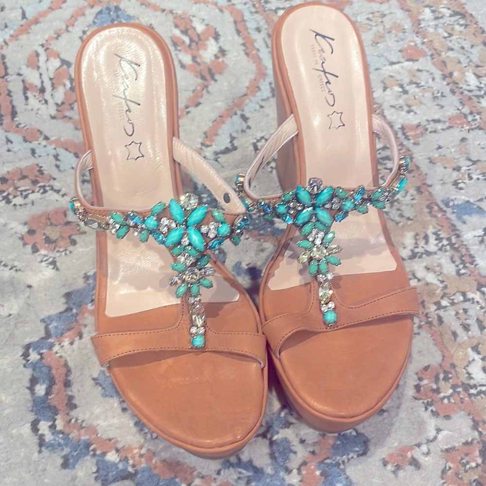 Gorgeous bedazzled crystal rhinestone wedge sandals from Greece! Size 40